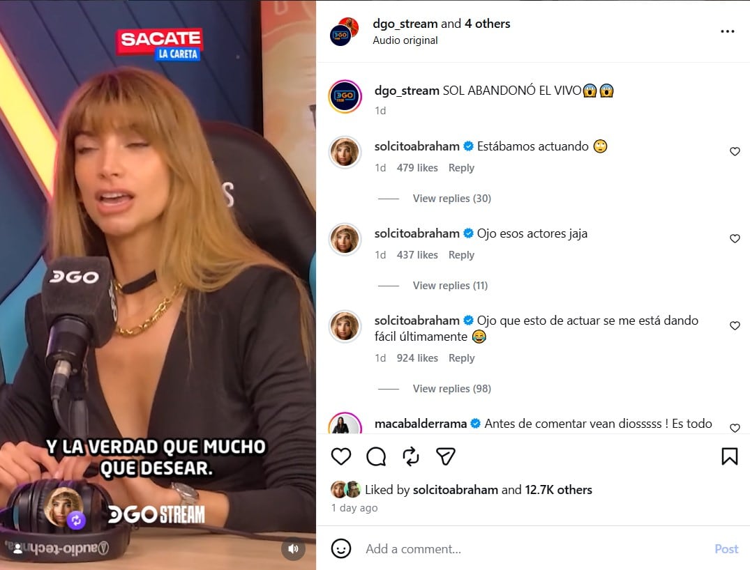Solange Abraham aclaró en sus redes sociales que la escena en Sacate la Careta fue actuada y parte de una estrategia de producción