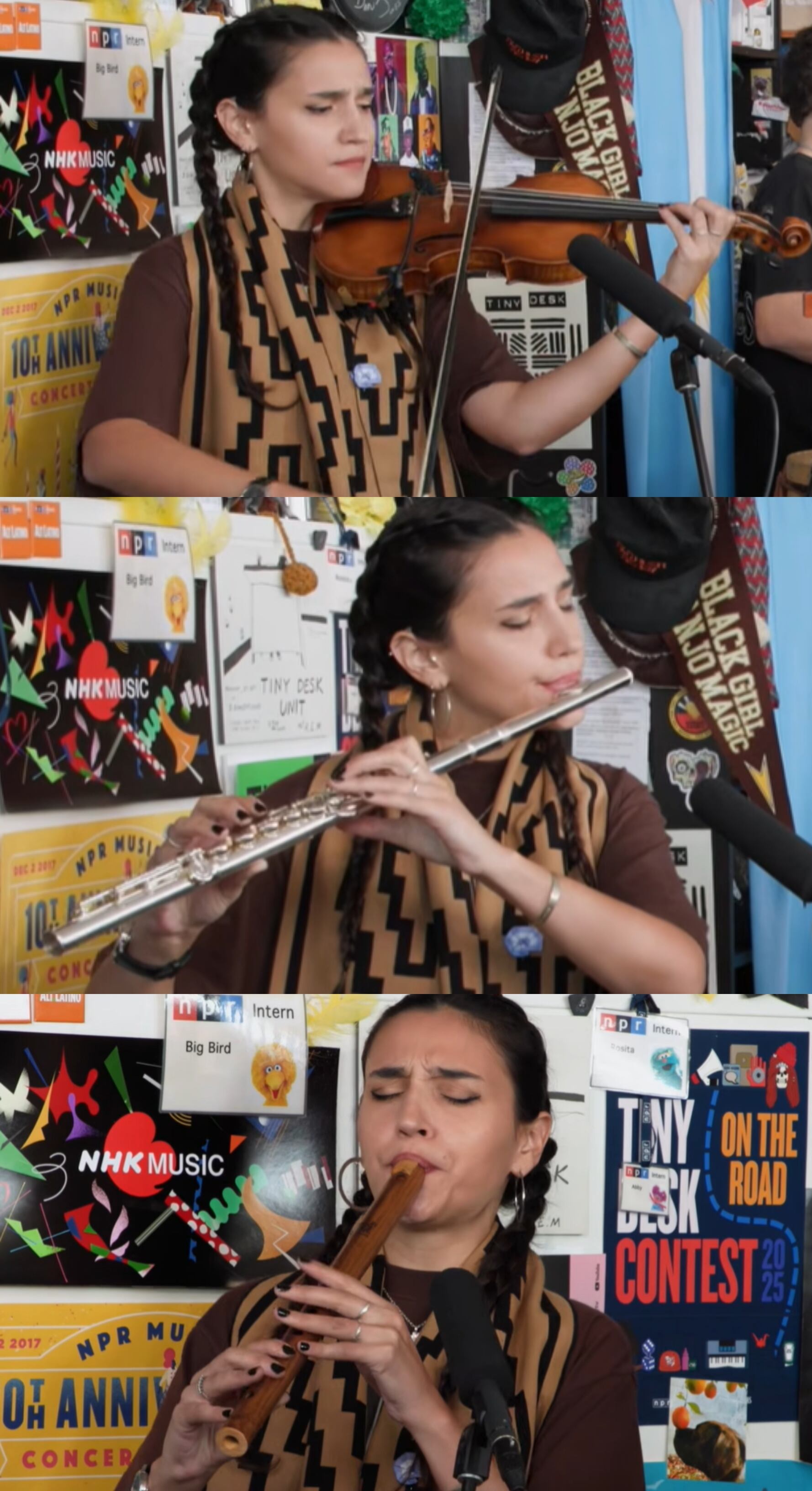 Meschller desplegó su talento en el Tiny Desk con el violín, flauta traversa, pinkullo y siku. También toca piano, quena y canta (YouTube/ Tiny Desk- Milo J)