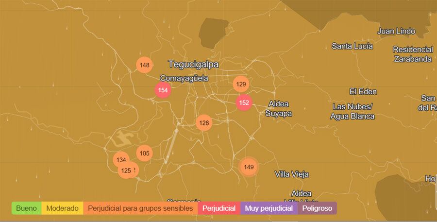 Tegucigalpa registró altos niveles de contaminación del aire este martes, según IQAir. (FOTO: IQAir)