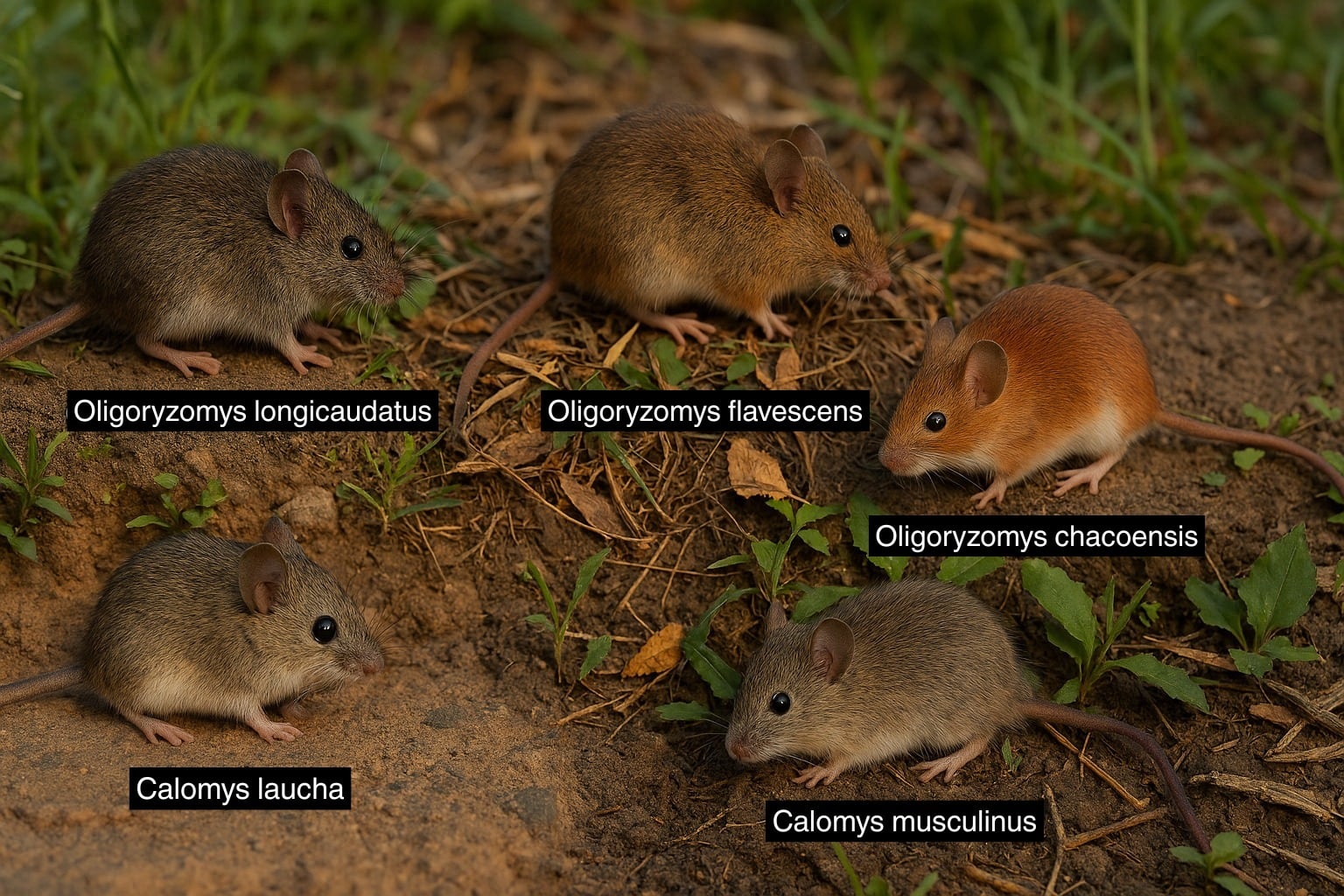 Oligoryzomys longicaudatus, Oligoryzomys flavescens, Calomys laucha, Oligoryzomys chacoensis, Calomys musculinus, Roedores transmisores de hantavirus, Fauna de América del Sur, Roedores sigmodontinos - (Imagen Ilustrativa Infobae)