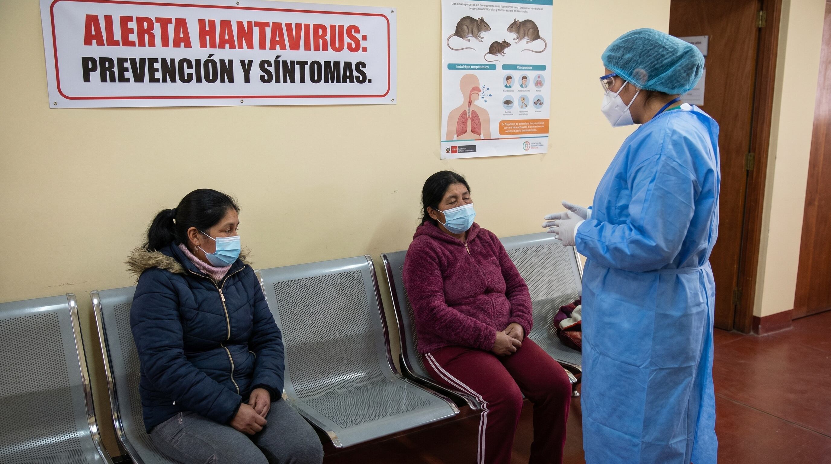 Una profesional de la salud con equipo de protección personal interactúa con dos mujeres enmascaradas en una sala de espera con afiches informativos sobre la prevención y síntomas del hantavirus. (Imagen Ilustrativa Infobae)