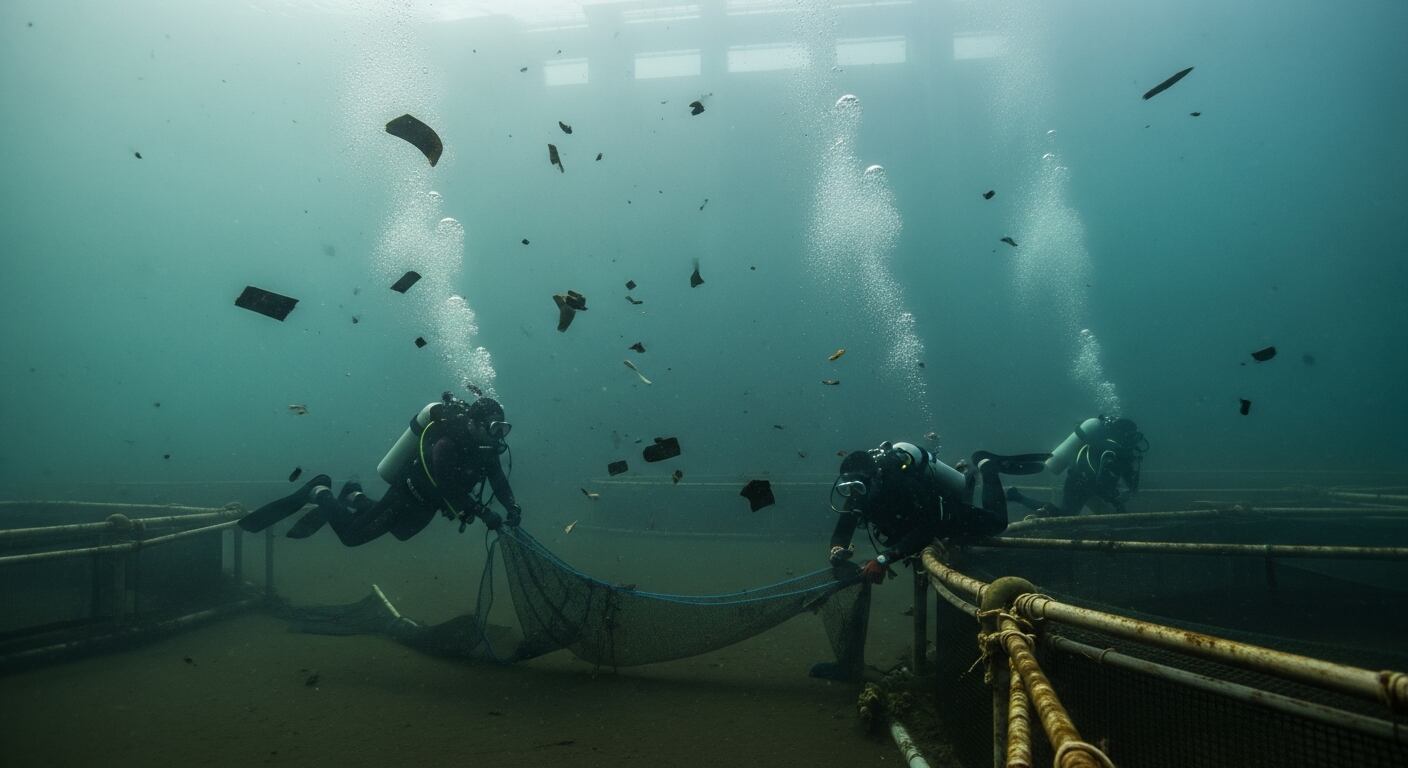 Buzos realizan trabajos de mantenimiento en jaulas de cultivo de tilapia de Aquafinca en Santa Cruz de Yojoa, Honduras, donde tres buzos perdieron la vida recientemente en circunstancias que las autoridades investigan. (Imagen Ilustrativa Infobae)
