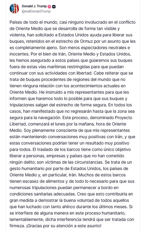 Trump anuncia una iniciativa humanitaria para liberar barcos de varias naciones retenidos en el Estrecho de Ormuz