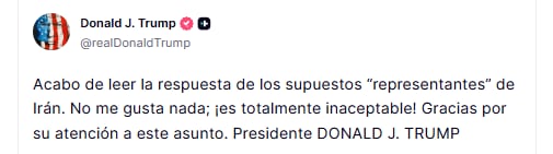 Donald Trump rechazó la respuesta enviada por Irán sobre un posible acuerdo para poner fin al conflicto en Medio Oriente