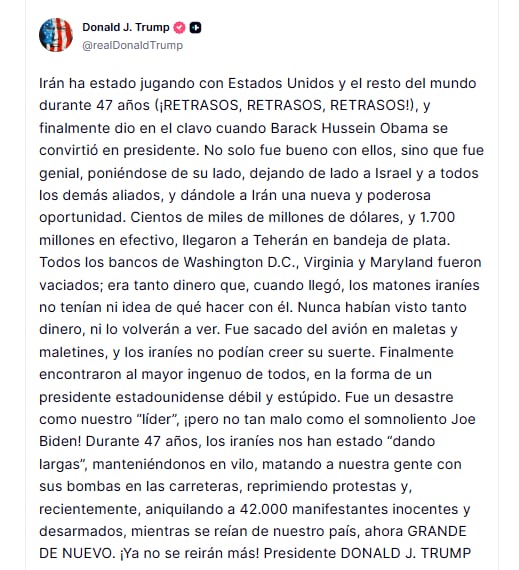 Donald Trump critica la política de Estados Unidos con Irán bajo las administraciones de Obama y Biden