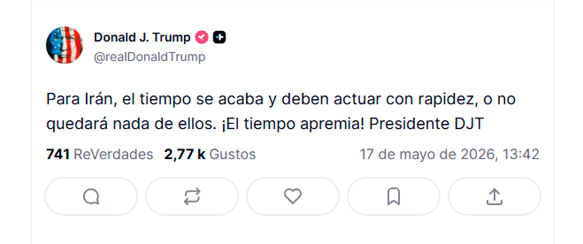 El mensaje publicado por Trump en Truth Social