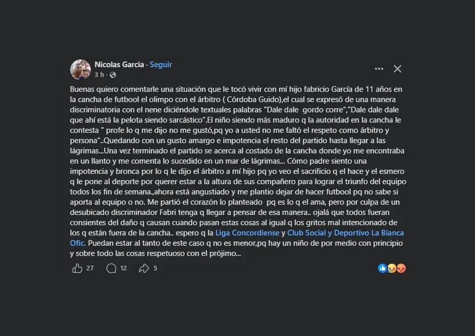 El posteo de Nicolás García, el padre de Fabricio, con su acusación al árbitro