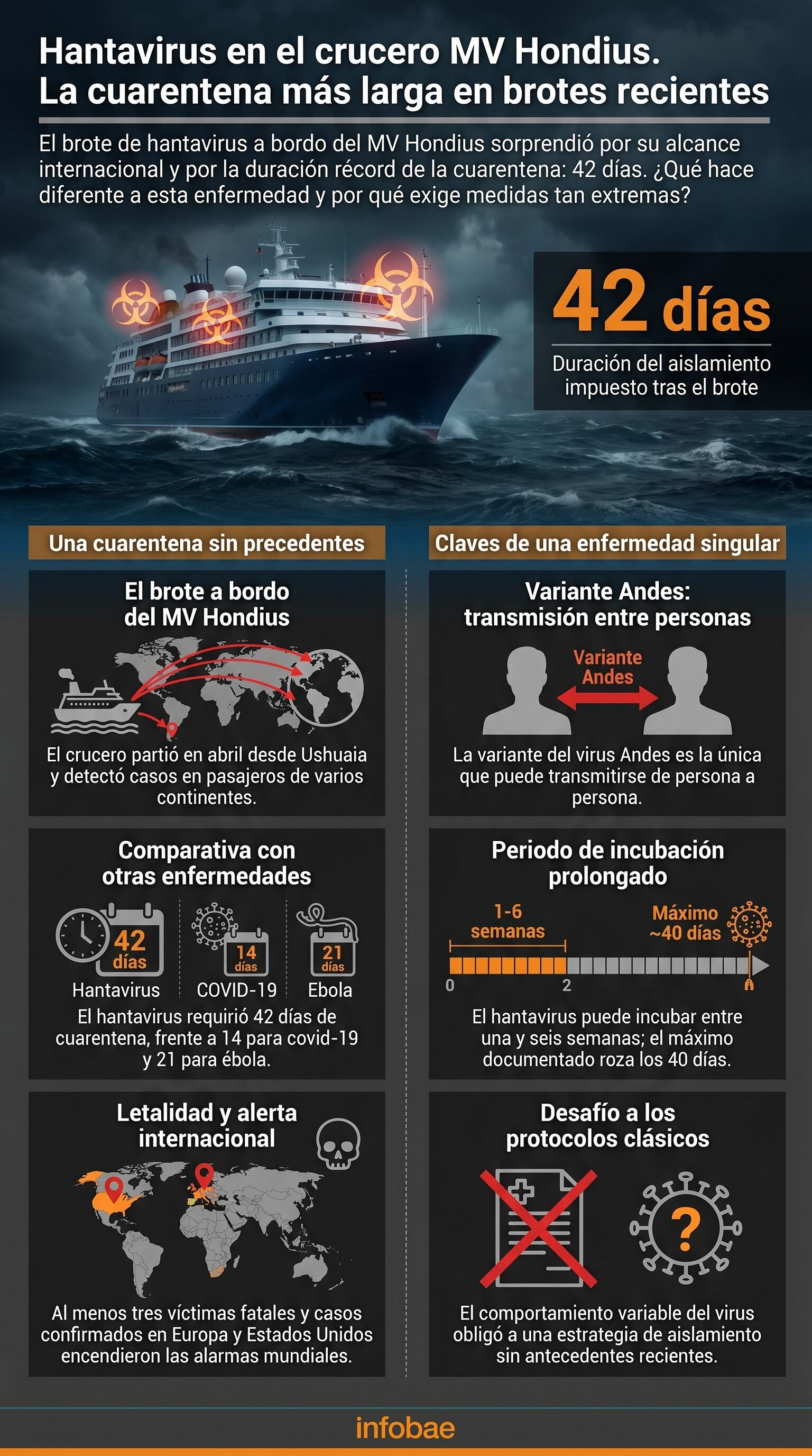 El brote de hantavirus a bordo del crucero MV Hondius, con casos en varios continentes, impuso una cuarentena sin precedentes de 42 días debido a la variante Andes y su prolongado periodo de incubación. (Imagen Ilustrativa Infobae)