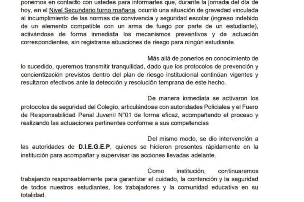Un estudiante llevó un arma a un colegio de La Plata y las familias se enteraron varias horas después