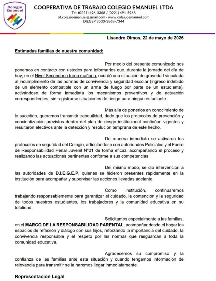 Un estudiante llevó un arma a un colegio de La Plata y las familias se enteraron varias horas después