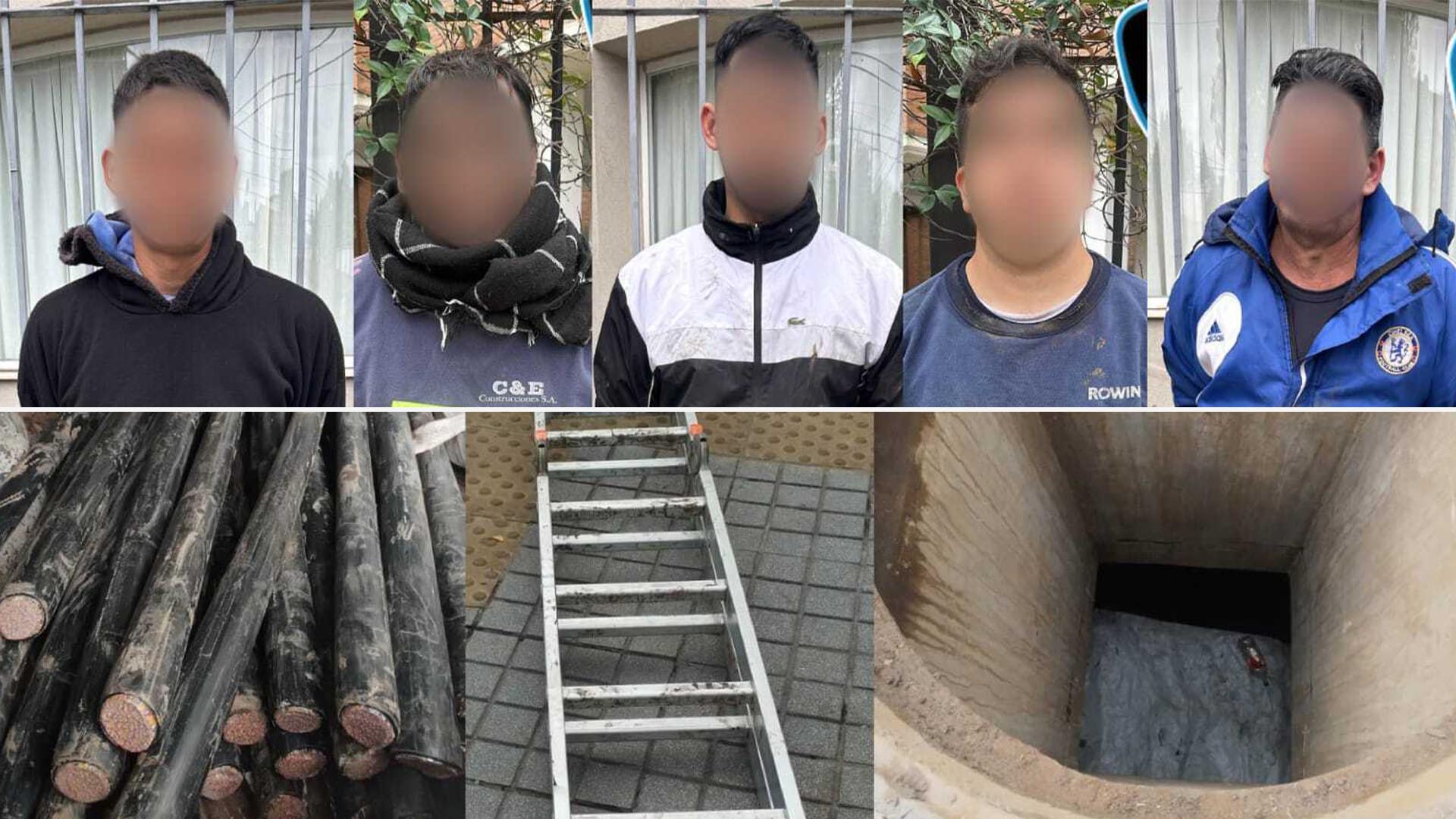 La Policía de la Ciudad detuvo a cinco hombres sospechosos de robo de cables en Villa Devoto, con imágenes de los detenidos, los cables recuperados, una escalera y la boca de un registro subterráneo.