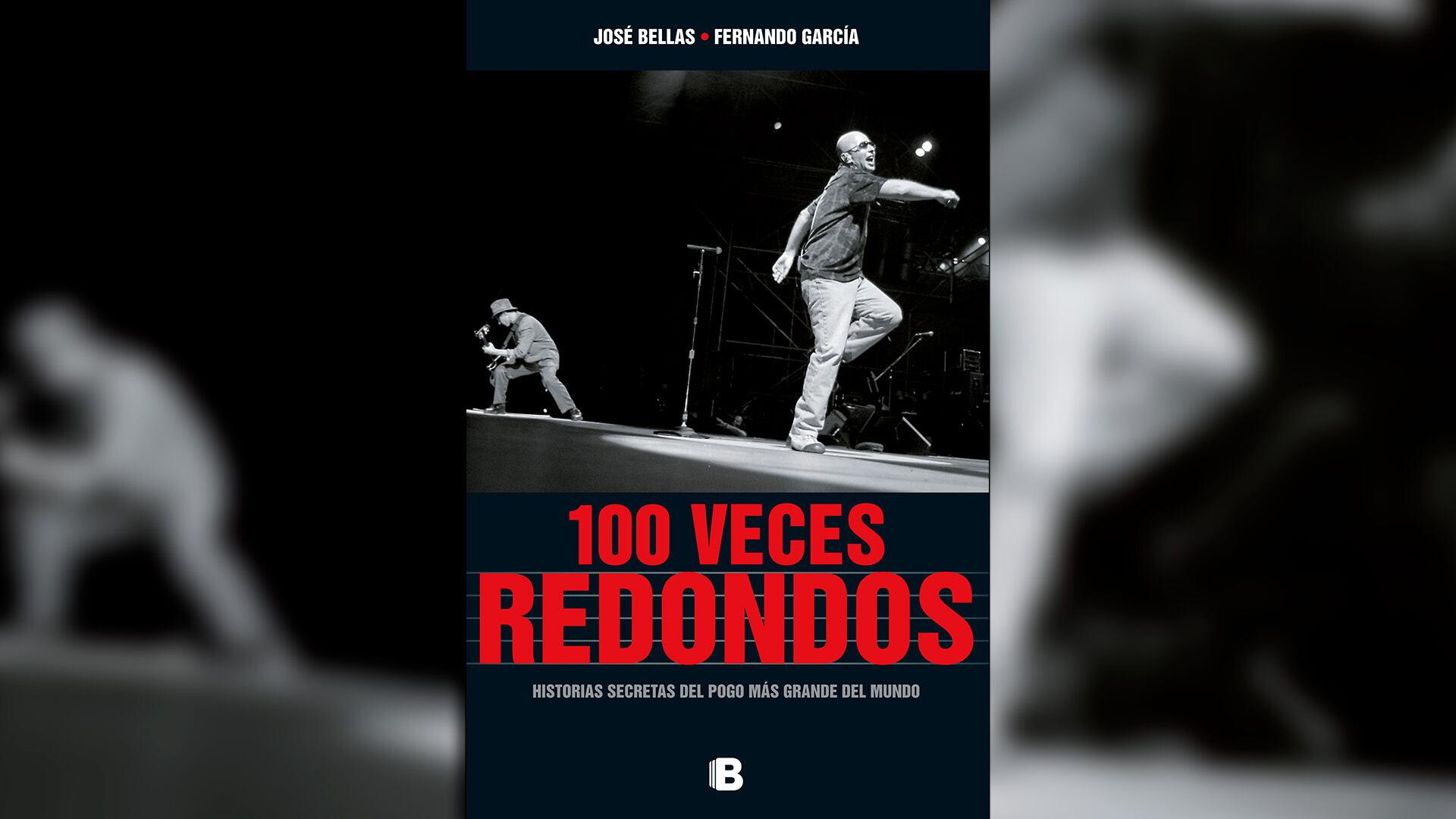 La portada del libro '100 Veces Redondos' de José Bellas y Fernando García, destaca a Indio Solari y a un guitarrista de la mítica banda en un escenario, explorando secretos del pogo más grande del mundo.