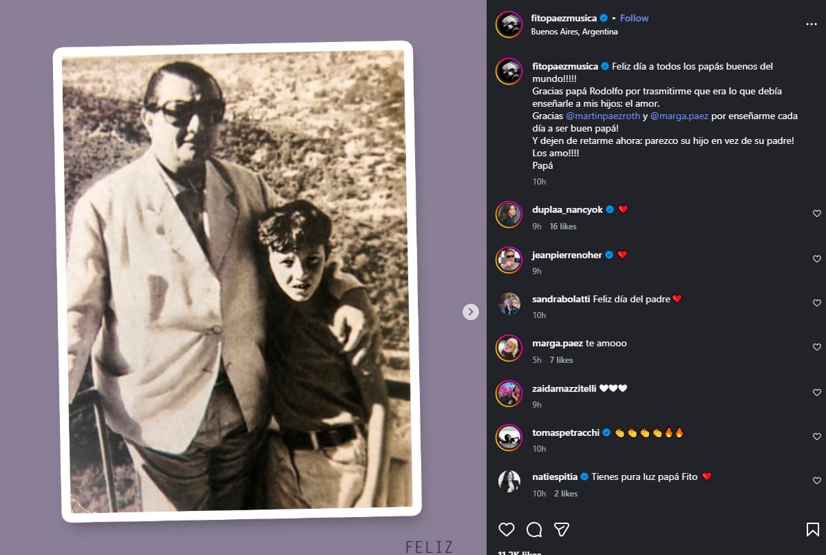 Fito Páez publica en redes sociales una fotografía antigua en blanco y negro junto a su padre, Rodolfo Páez, con motivo de la celebración del Día del Padre.