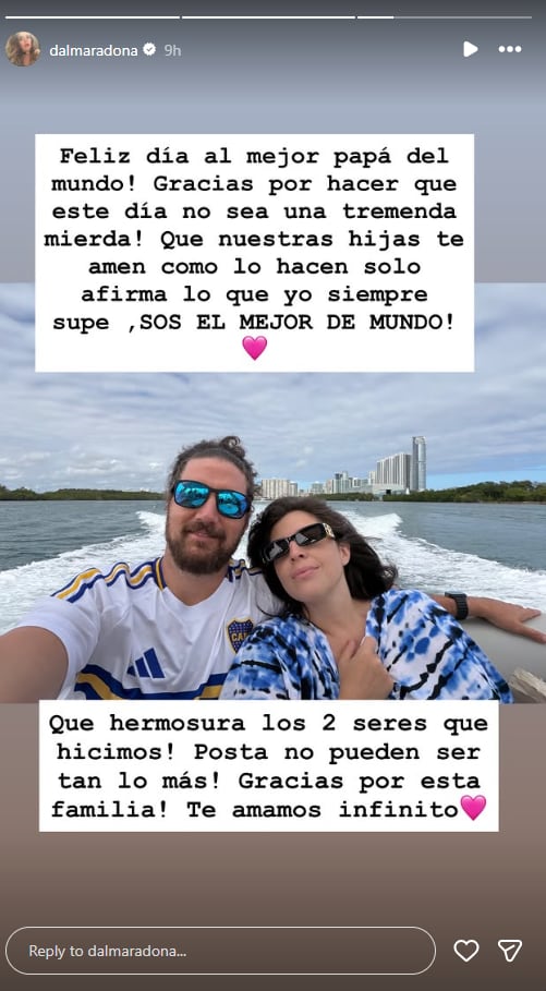 Además, Dalma compartió un saludo a su pareja por el Día del Padre y muestra una fotografía de ambos en una embarcación