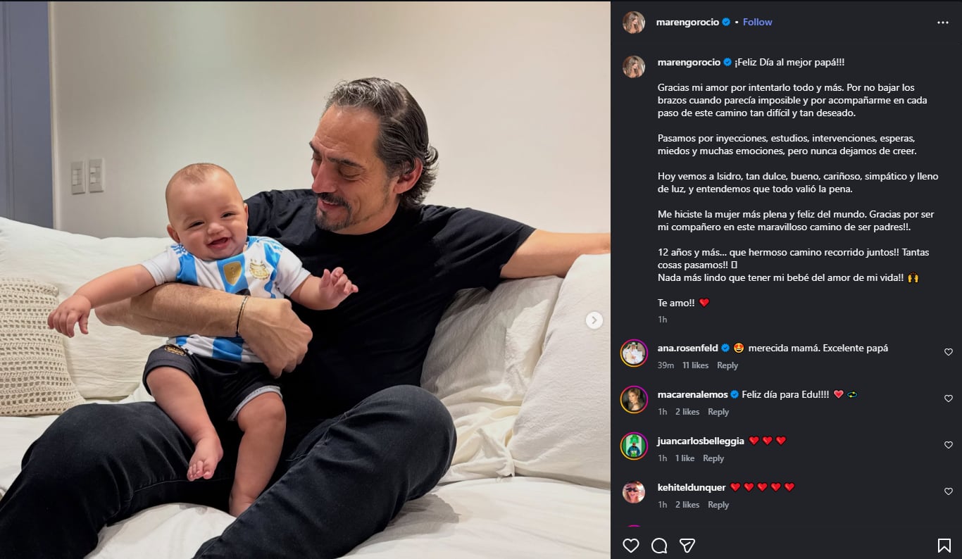 Rocío Marengo subió una foto de Eduardo Fort junto a su hijo Isidro, quien viste una camiseta de fútbol, en una imagen que conmemora el Día del Padre.