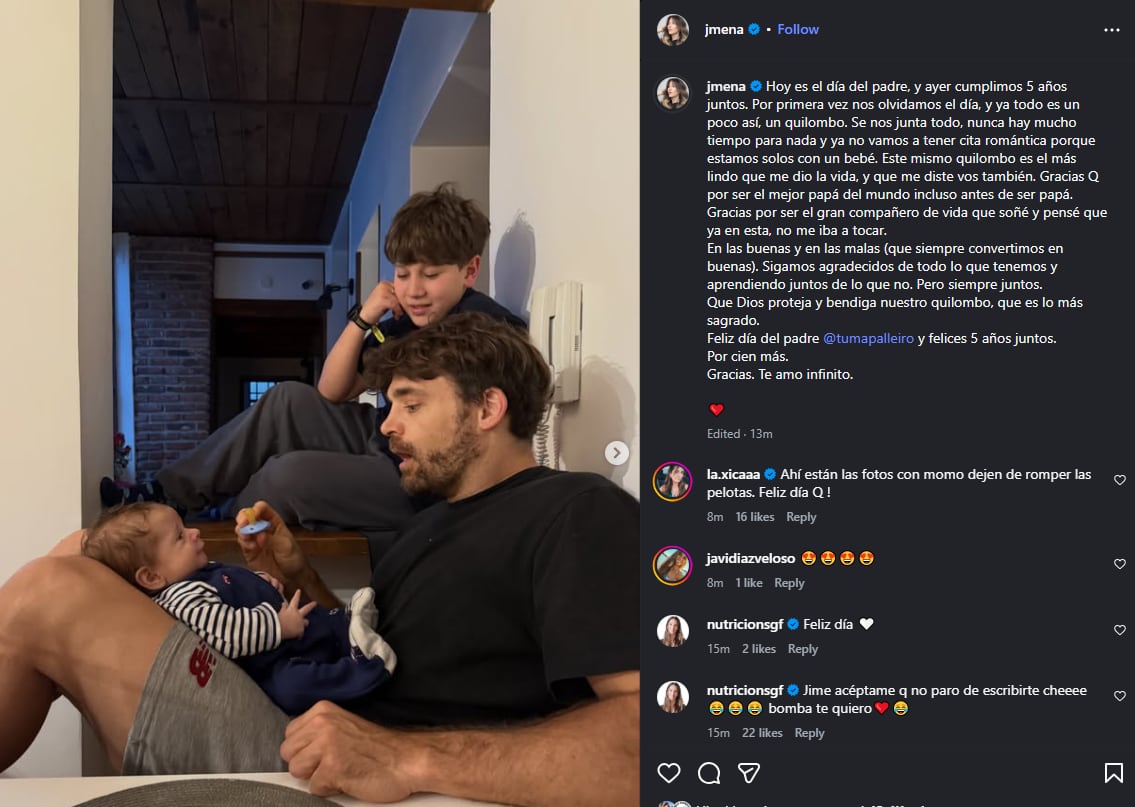 Jimena Barón le dedicó un emotivo posteo a su pareja y padre de su hijo Menor, Matías Palleiro, por el Día del Padre