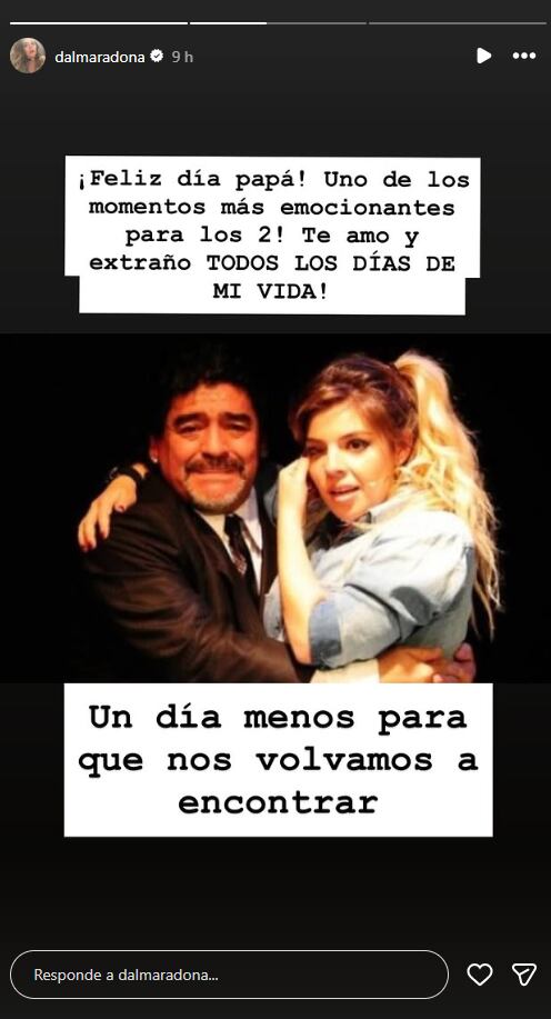 Dalma Maradona publicó un mensaje emotivo en su cuenta de Instagram en honor a su padre, Diego Maradona, con motivo del Día del Padre