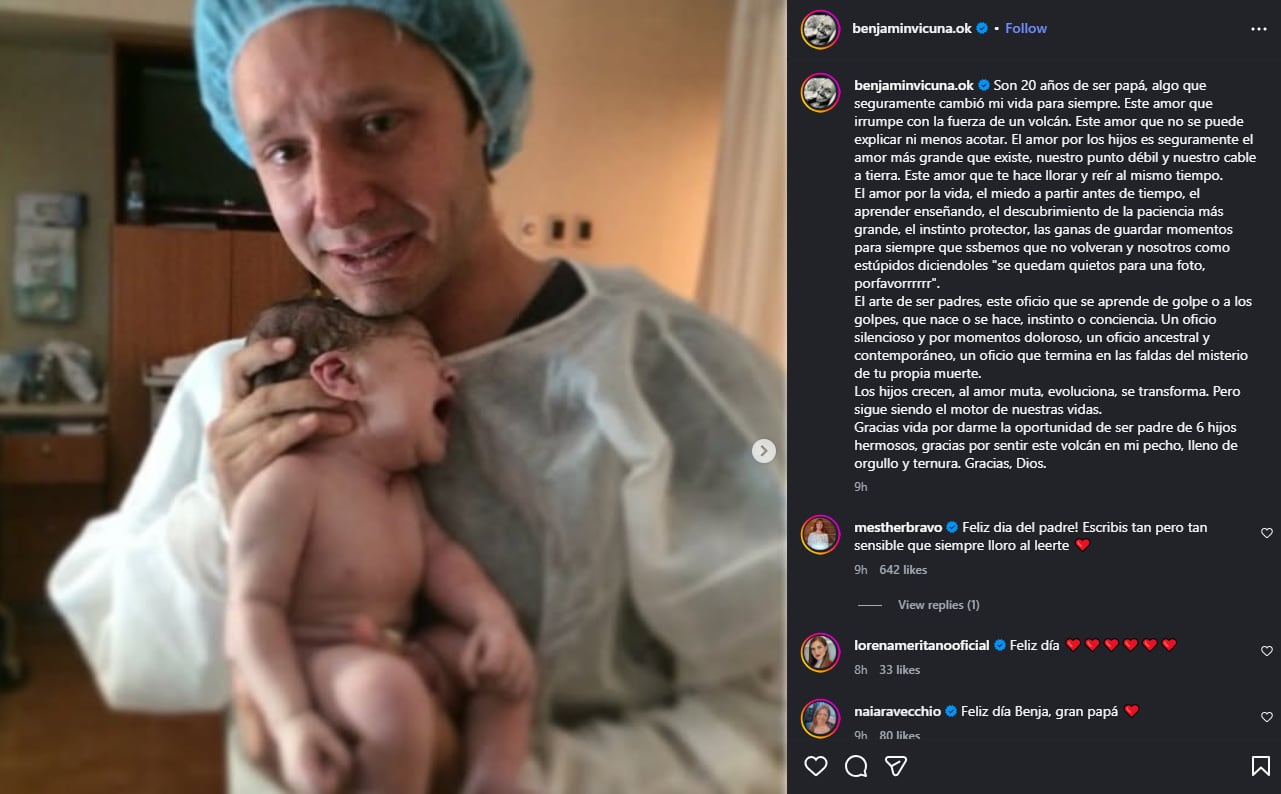 Benjamín Vicuña comparte en redes sociales una imagen donde sosteniendo a uno de sus hijos recién nacidos, con motivo del Día del Padre