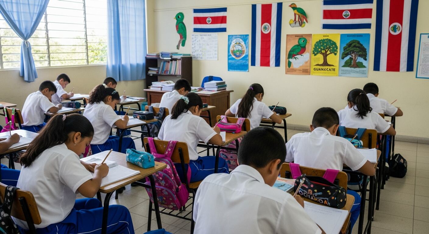 Estudiantes de primaria en Costa Rica, vestidos con uniformes blancos y azules, trabajan diligentemente en sus pupitres durante una clase, con banderas y símbolos nacionales adornando el aula. (Imagen Ilustrativa Infobae)