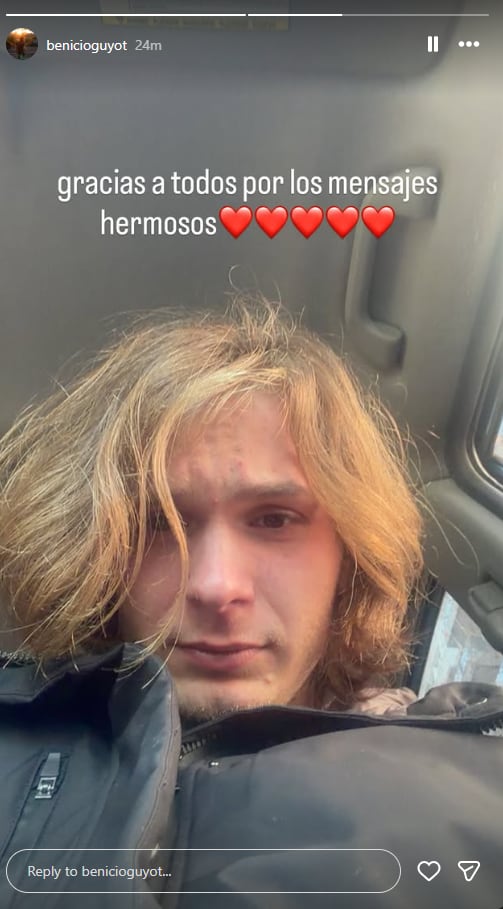 Benicio Guyot, hijo de Ernestina Pais, compartió la imagen en sus historias de Instagram y agradeció los mensajes recibidos (Instagram)