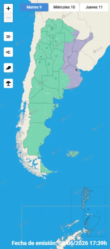 El organismo resaltó en violeta las áreas más comprometidas con las neblinas (Servicio Meteorológico Nacional (SMN))