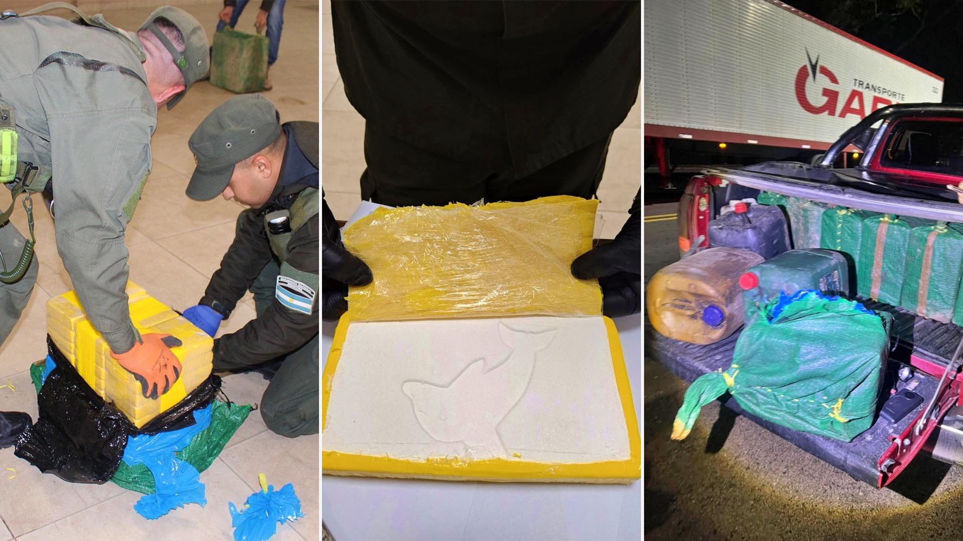 Efectivos de seguridad inspeccionan paquetes de cocaína incautada, uno de ellos con un sello de delfín, hallados en un camión en Tucumán.