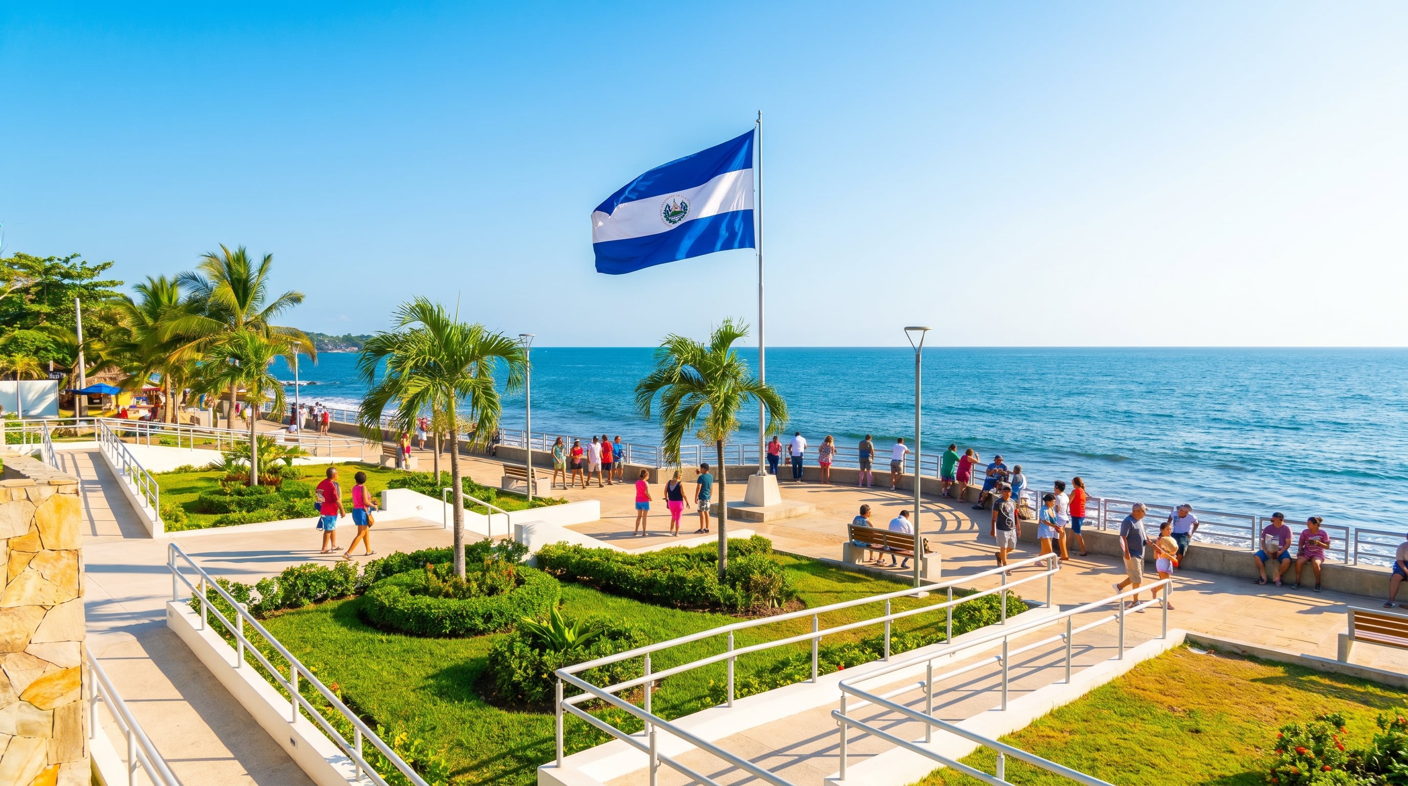 Turistas disfrutan del recientemente renovado Malecón del Puerto de La Libertad en El Salvador, un espacio moderno con vistas al océano Pacífico y la bandera nacional ondeando bajo el sol. (Imagen Ilustrativa Infobae)