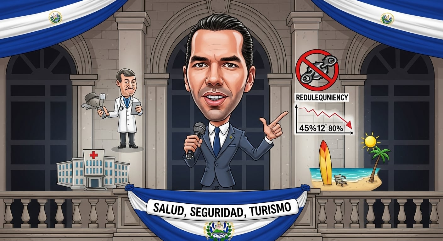 Caricatura de Nayib Bukele en el Palacio Nacional de El Salvador simboliza los logros de su gestión en salud, la reducción de la delincuencia y el auge del turismo en el país. (Imagen Ilustrativa Infobae)