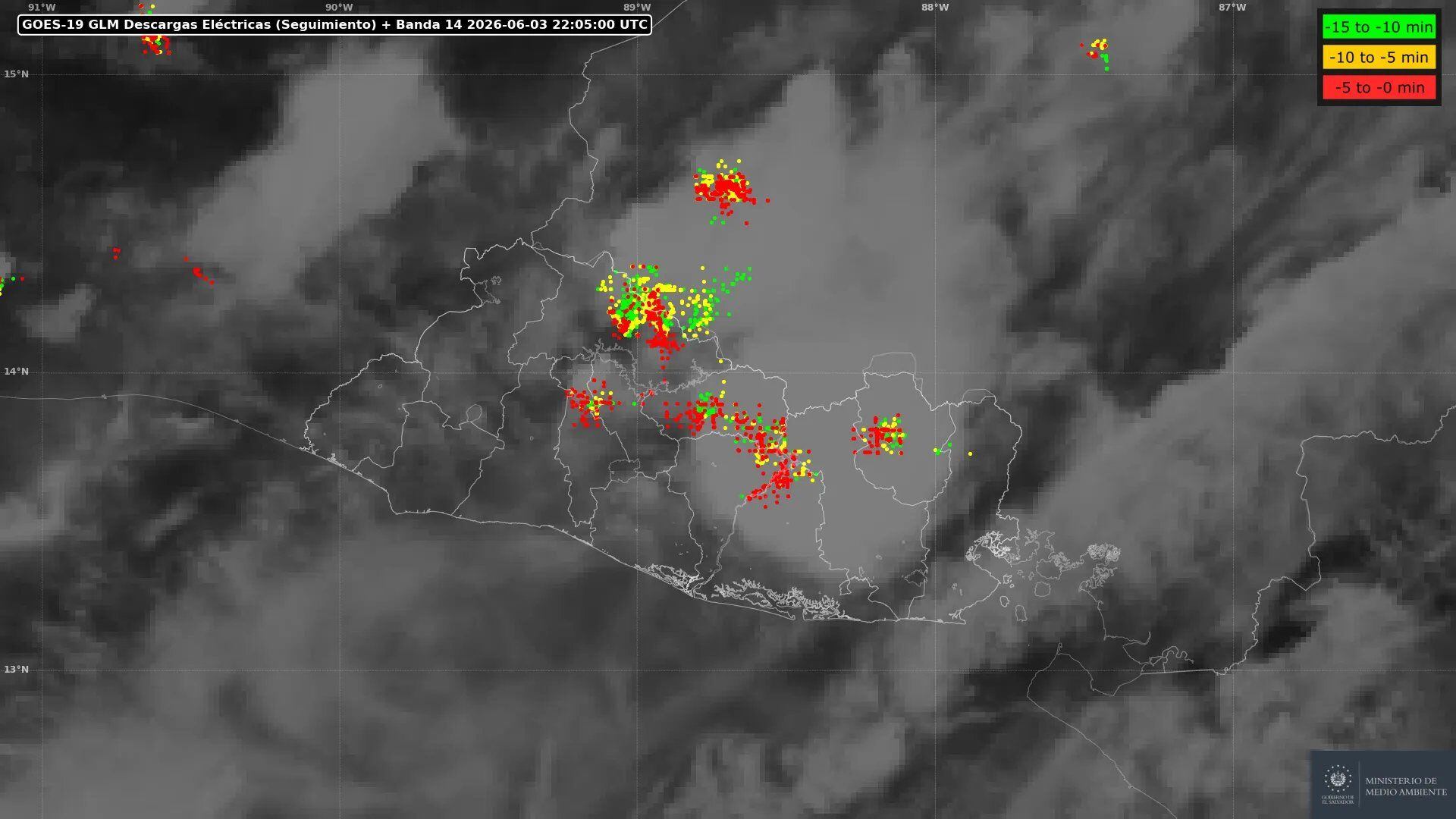 Cielo nublado, lluvias y actividad eléctrica afectan la zona norte de Chalatenango, Cabañas, San Vicente, Usulután y el norte de San Salvador. (Cortesía: Ministerio de Ambiente)