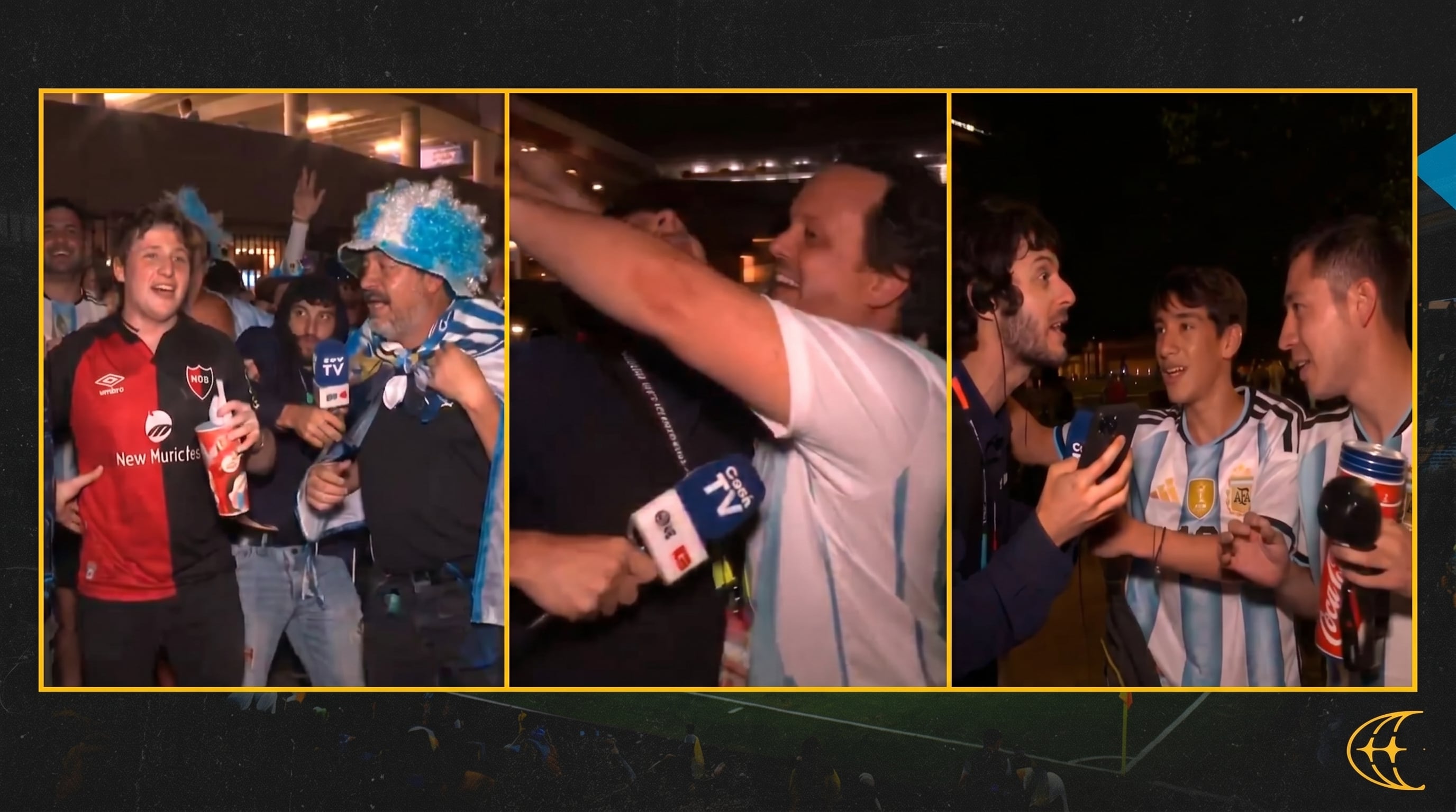 Una composición de tres escenas muestra a aficionados argentinos expresando su alegría por la goleada 3-0 a Argelia y siendo entrevistados por el periodista brasileño Diego Defante (Imagen Ilustrativa Infobae)