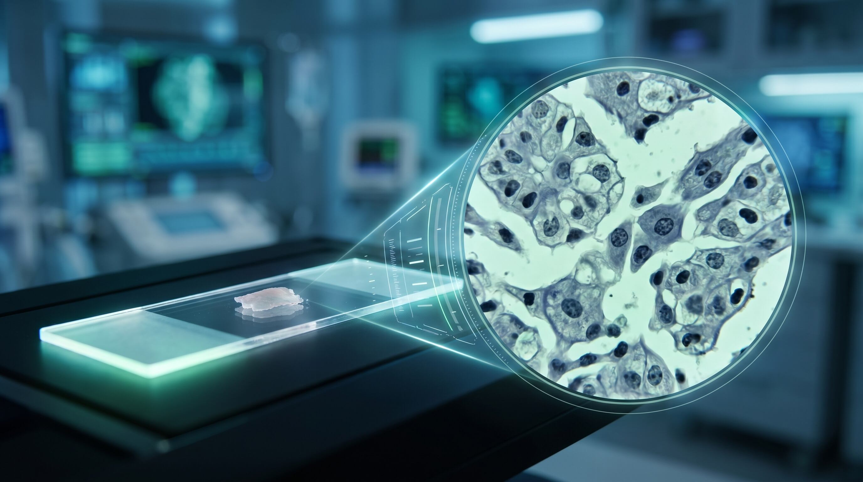 Un primer plano hiperrealista de una muestra de tejido de biopsia transiciona visualmente a un análisis de células microscópicas, representando la confirmación diagnóstica del cáncer. (Imagen Ilustrativa Infobae)