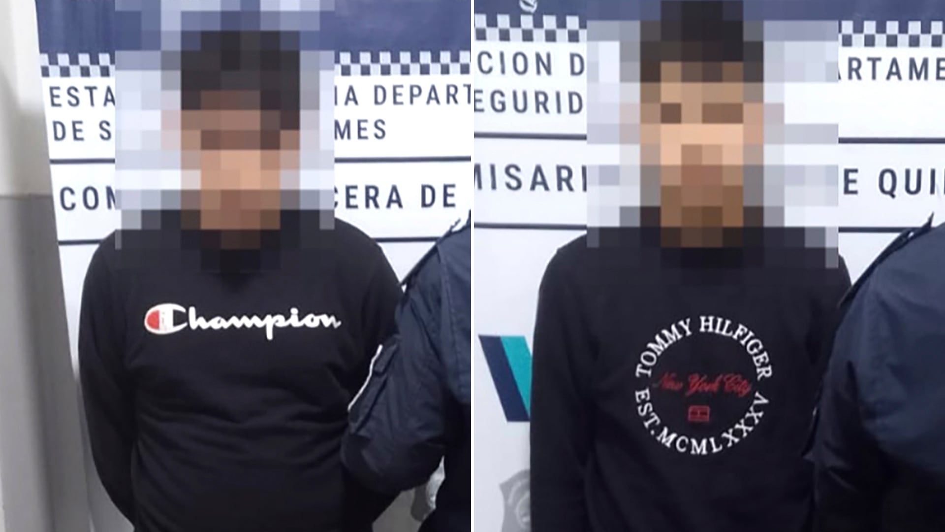 Dos hombres fueron detenidos en Quilmes por su presunta participación en el robo de una vivienda, con sus rostros pixelados y un fondo que sugiere una dependencia policial.