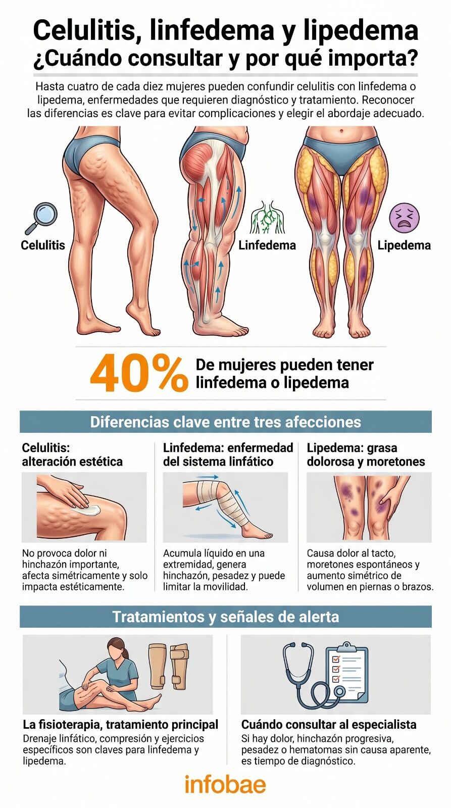 Esta infografía detalla las diferencias entre celulitis, linfedema y lipedema, afecciones que pueden afectar al 40% de las mujeres (Imagen Ilustrativa Infobae)