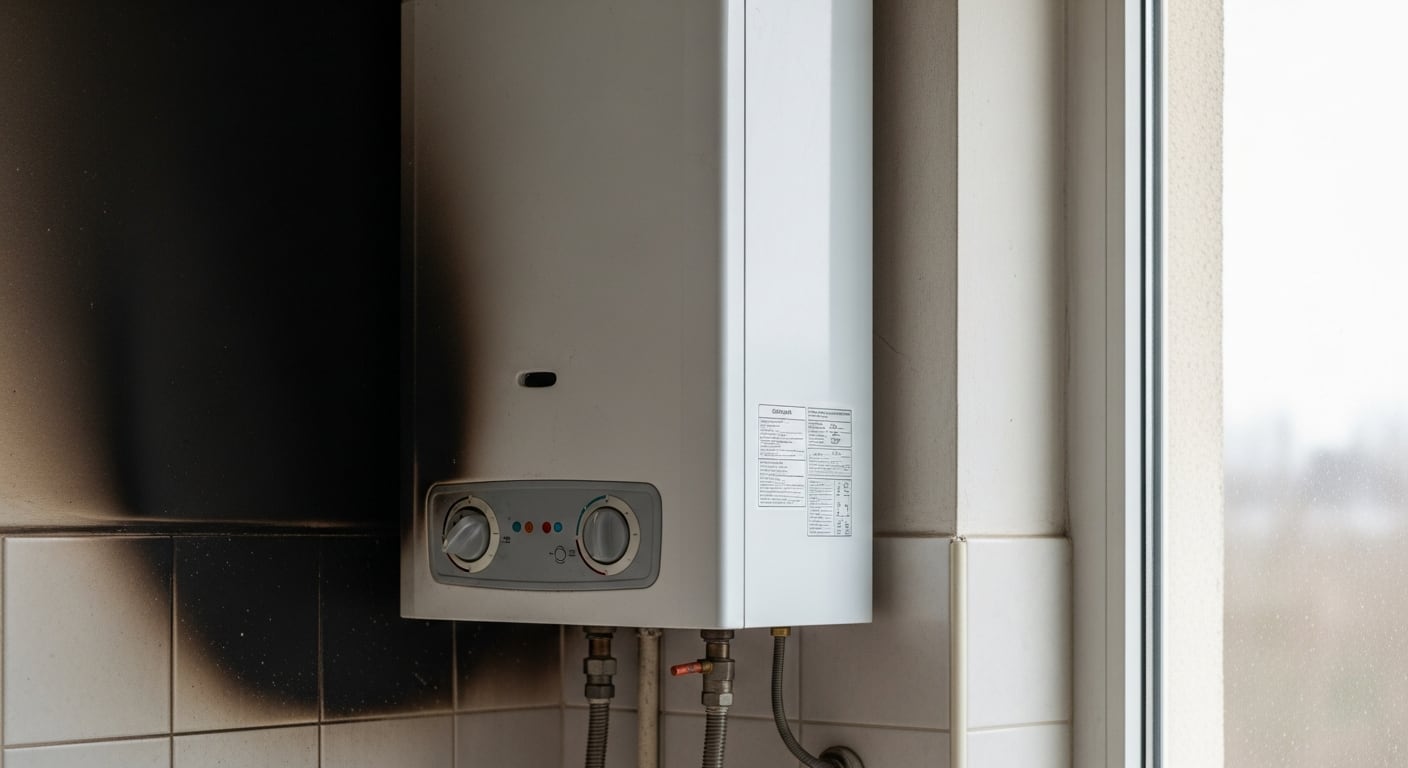 Un calefón a gas montado en la pared de una cocina doméstica muestra manchas de hollín oscuro que indican mala combustión (Imagen Ilustrativa Infobae)