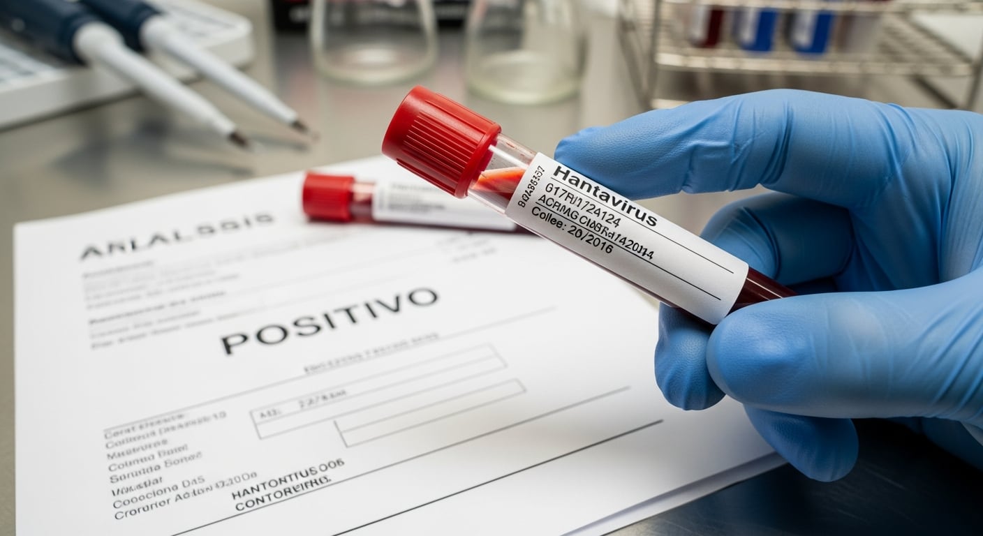 Una mano enguantada de azul sostiene un tubo de sangre etiquetado como 'Hantavirus' sobre una hoja de resultados que indica 'POSITIVO' en un laboratorio médico, simbolizando el diagnóstico de la enfermedad. (Imagen Ilustrativa Infobae)