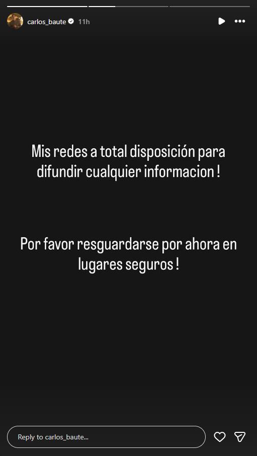 Carlos Baute, en una publicación en redes sociales, llama a la precaución y ofrece su plataforma para difundir información ante un terremoto en Venezuela (Instagram)