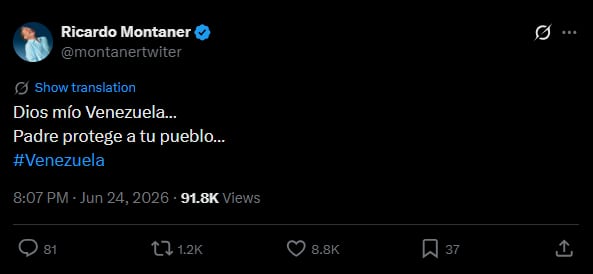 Ricardo Montaner, desde su cuenta verificada en Twitter, comparte un mensaje pidiendo protección para Venezuela el 24 de junio de 2026, en el contexto de un terremoto en el país (X)
