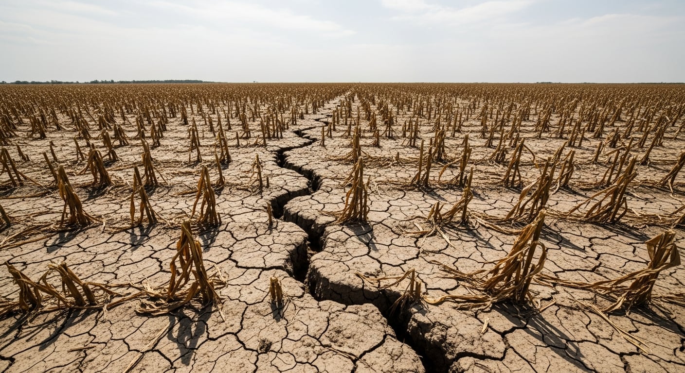 Ilustración conceptual de una nube roja amenazante sobre el agrietado Corredor Seco Centroamericano, con mazorcas marchitas y un vaso vacío, simbolizando la crisis climática y la escasez de agua y alimentos en la región. (Imagen Ilustrativa Infobae)