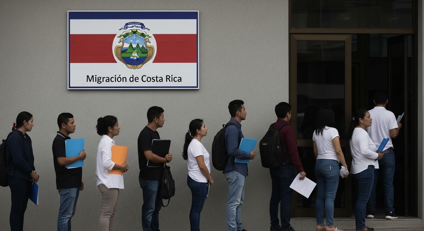 Un grupo diverso de personas adultas y jóvenes, con carpetas y mochilas, hace fila ante la oficina de Migración de Costa Rica para sus trámites de extranjería. (Imagen Ilustrativa Infobae)