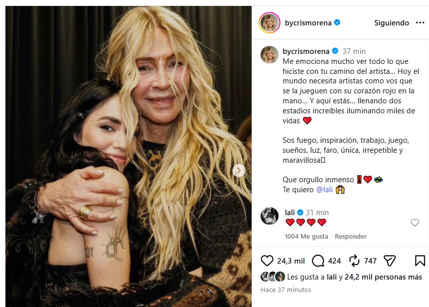El posteo que Cris Morena le dedicó a Lali Espósito tras llenar el Monumental (Instagram)