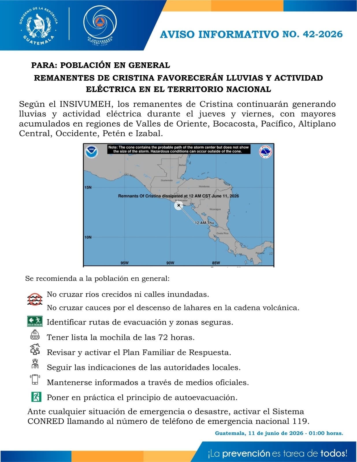 Aviso informativo del INSIVUMEH sobre los remanentes de la depresión tropical Cristina, que advierte lluvias y actividad eléctrica en Guatemala y recomienda a la población no cruzar ríos crecidos (Cortesía Conred).