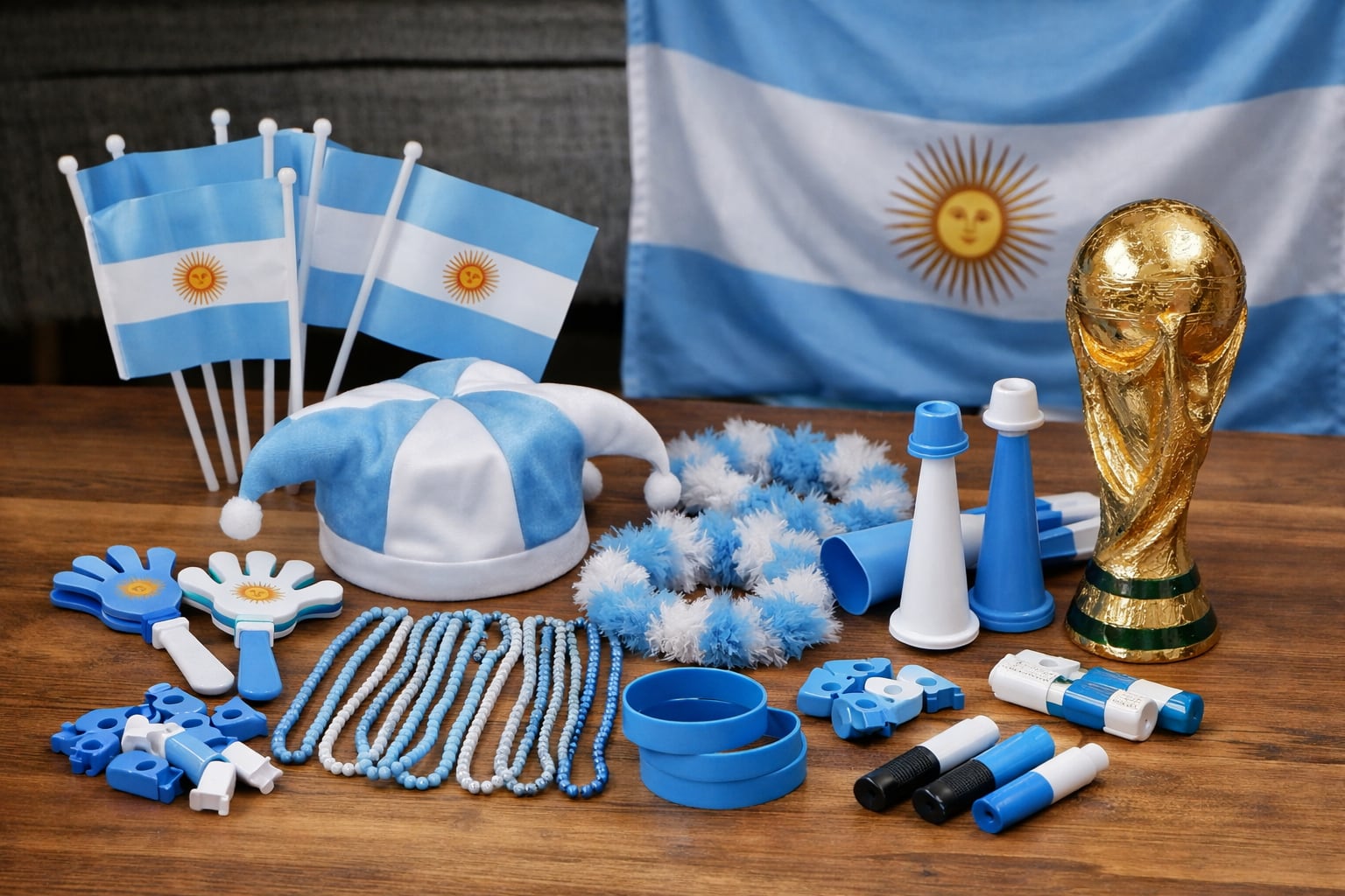 El cotillón mundialista para la Selección Argentina incluye banderas, cornetas, vinchas, collares, silbatos, pulseras y un stick para pintar el rostro o los labios (Imagen Ilustrativa Infobae)