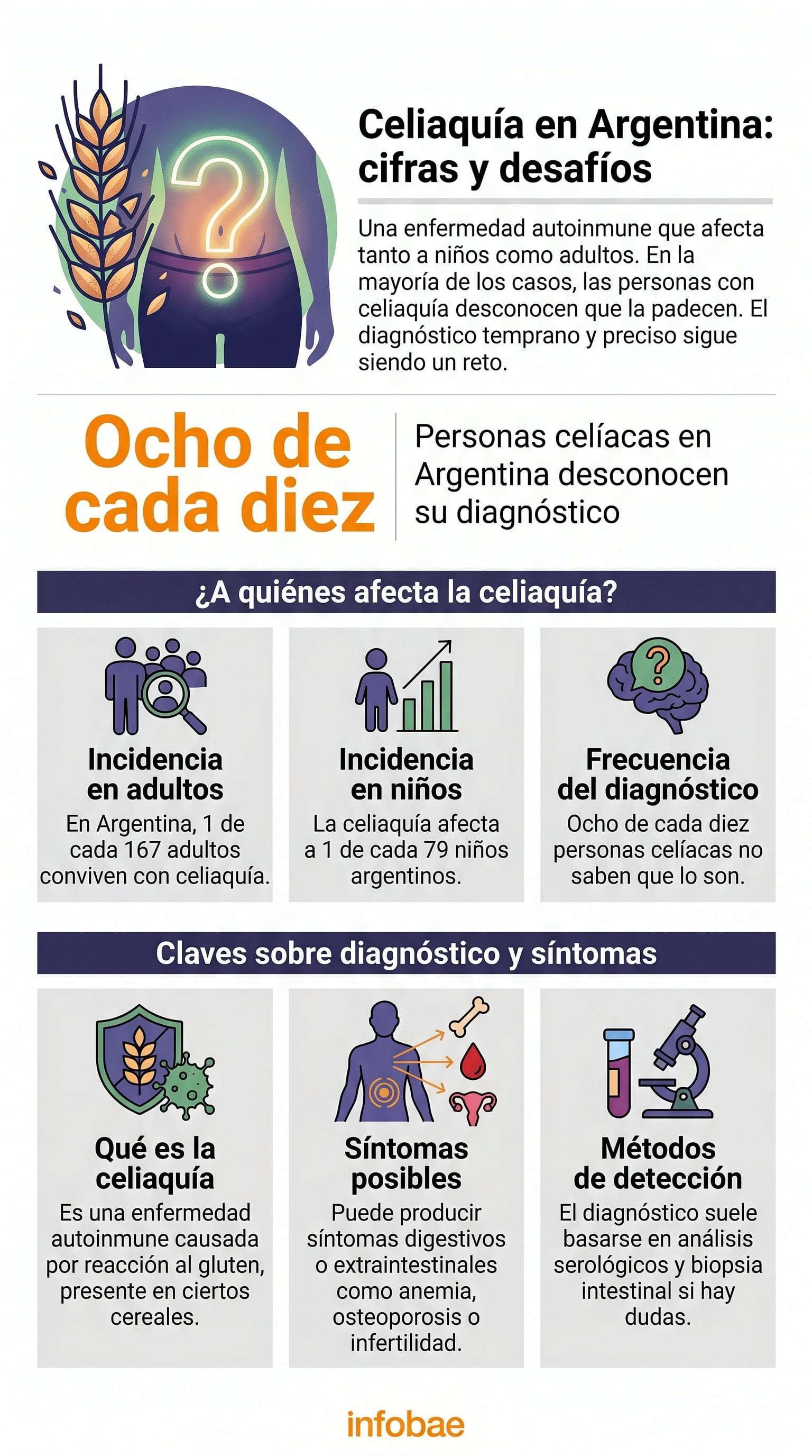 Una infografía detalla la alta incidencia de la celiaquía en Argentina, el desafío del subdiagnóstico y los métodos clave para su detección, evidenciando que la mayoría desconoce su condición. (Imagen Ilustrativa Infobae)
