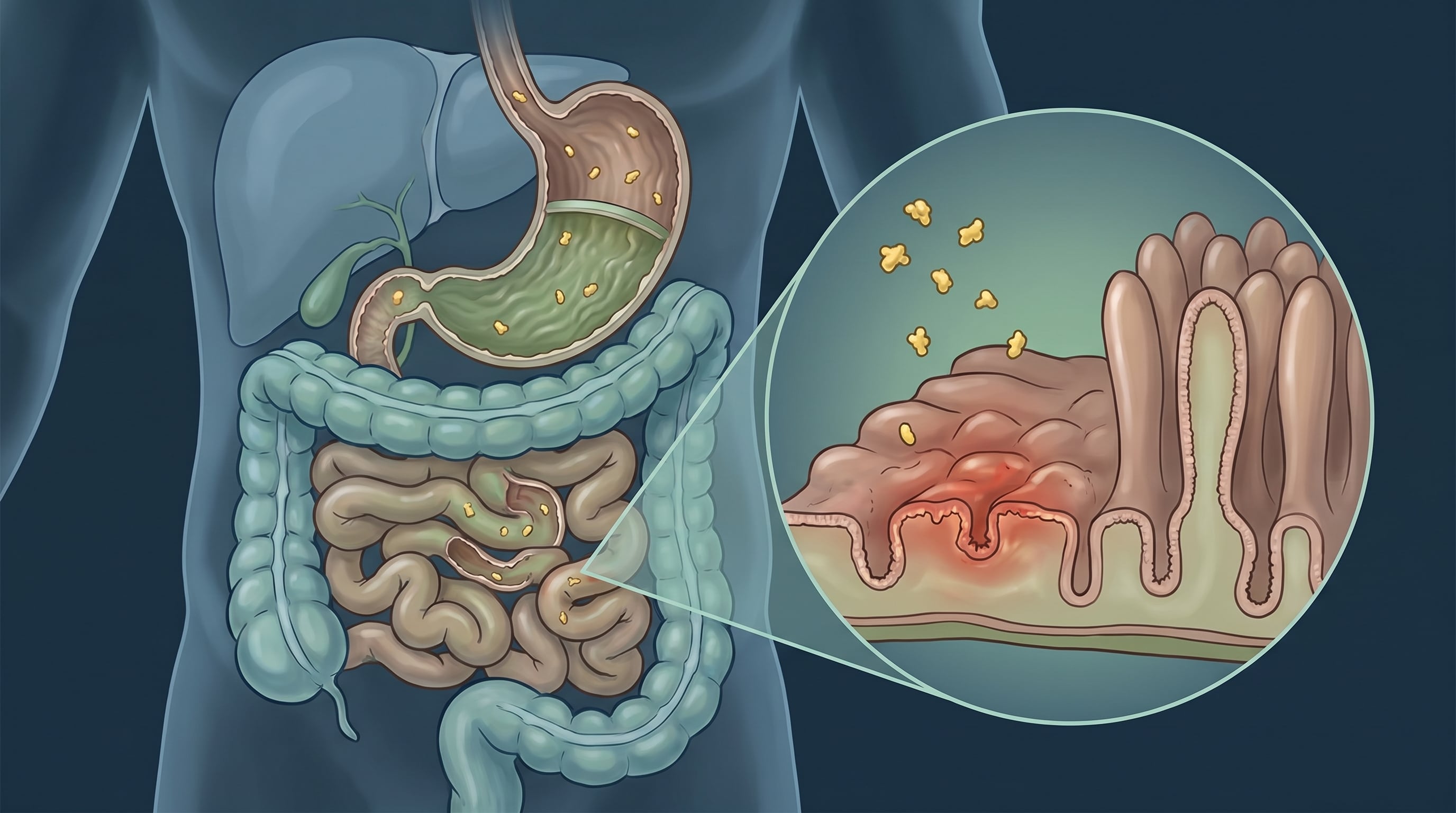 Ilustración biomédica detallada del sistema digestivo humano, mostrando la anatomía interna y un primer plano de las vellosidades intestinales dañadas por la enfermedad celíaca. (Imagen Ilustrativa Infobae)