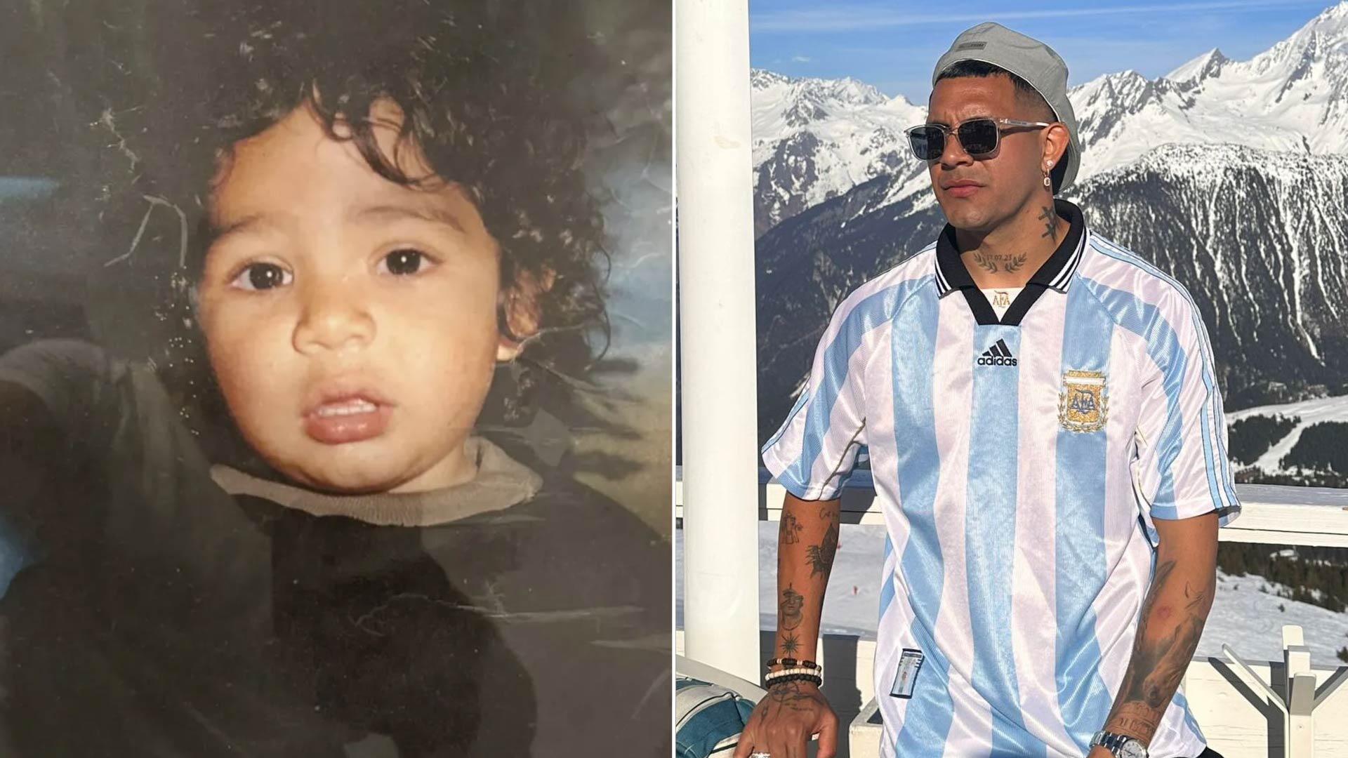 Medina en una foto de su infancia y otra con la camiseta argentina