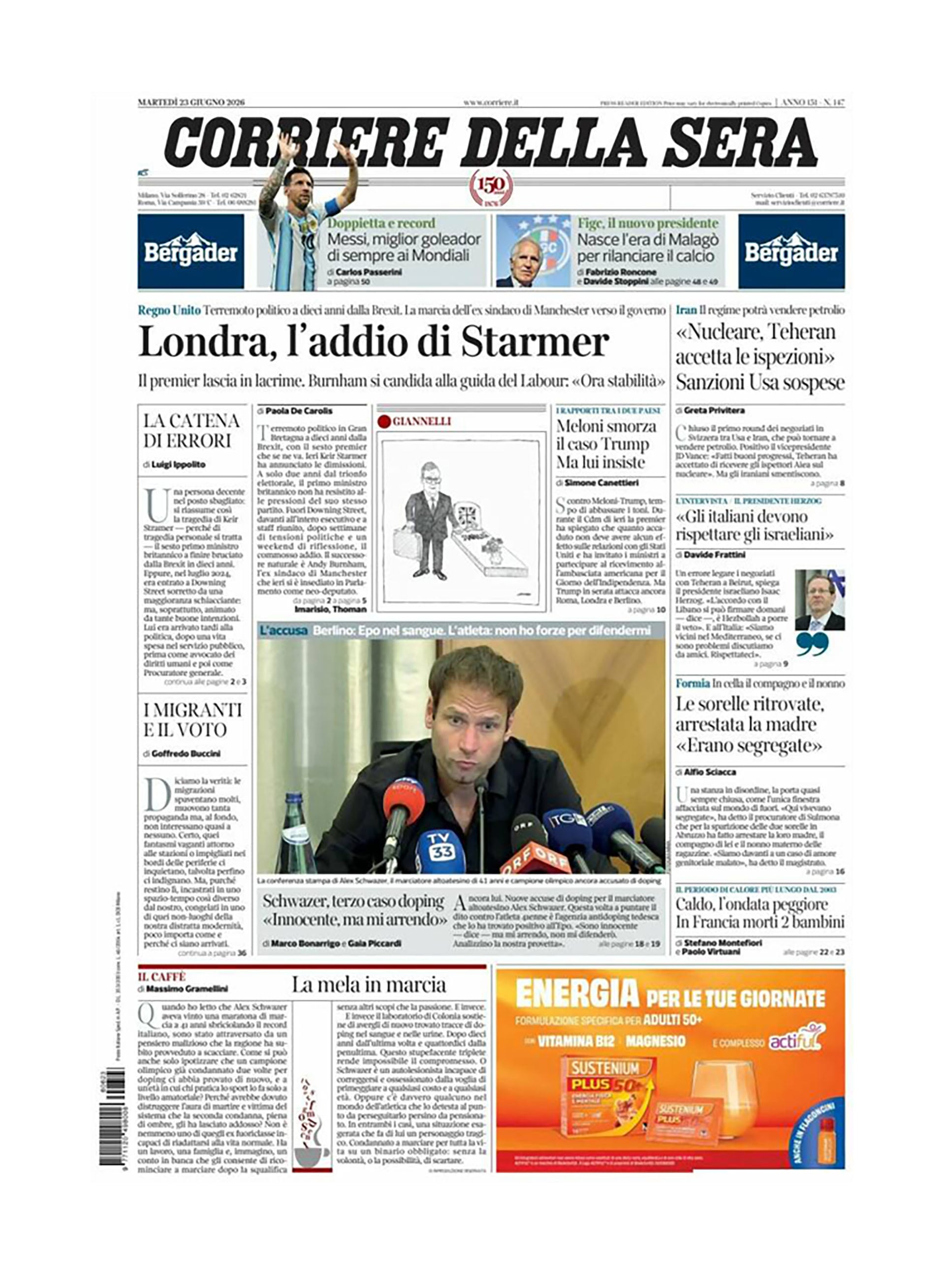 La portada de Corriere della Sera (Italia)