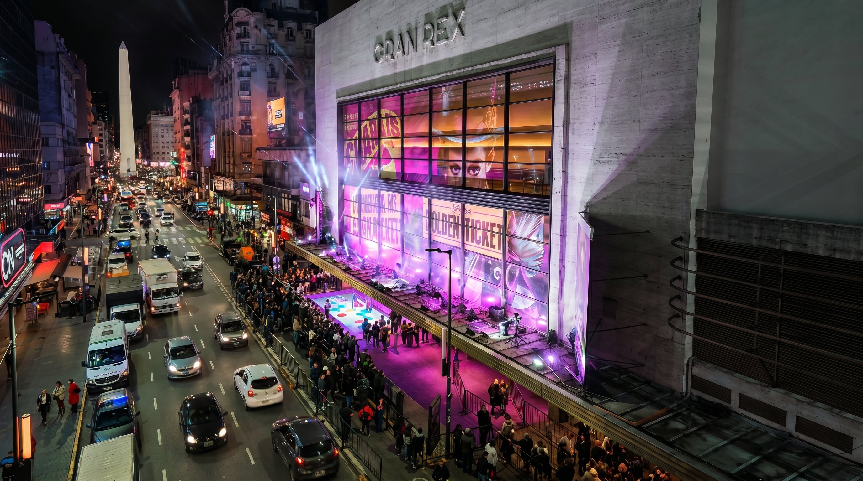 Las luces de mi ciudad: la calle Corrientes teñida de violeta para la función especial de Charlie y la Fábrica de Chocolate (Gentileza Soy Prensa)