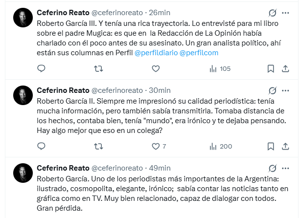 La cadena de mensajes de Ceferino Reato en homenaje a Roberto García