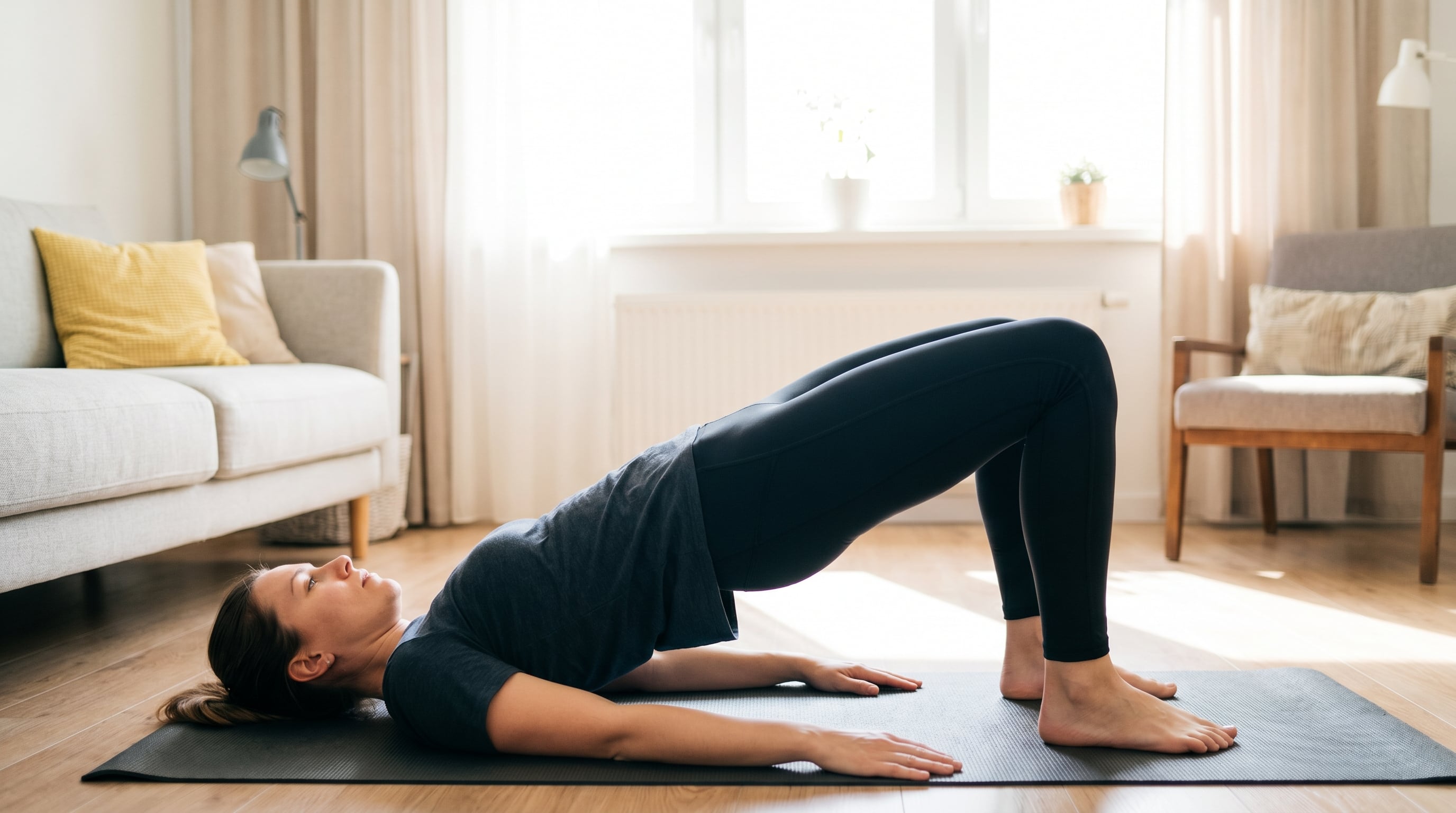El puente de glúteos eleva la pelvis desde el suelo y activa glúteos y abdomen con las rodillas flexionadas (Imagen Ilustrativa Infobae)