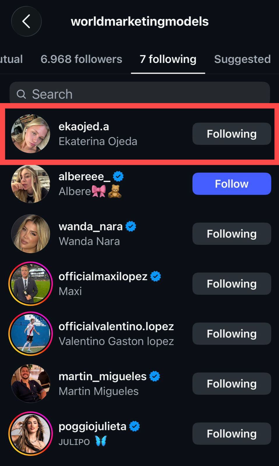 Entre los usuarios seguidores por la agencia de Nara, el perfil de Ekaterina Ojeda aparece en la primera posición (Instagram)